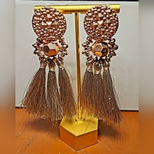 Lightweight long rose gold champagne faceted tassle fringe earrings, luxury
